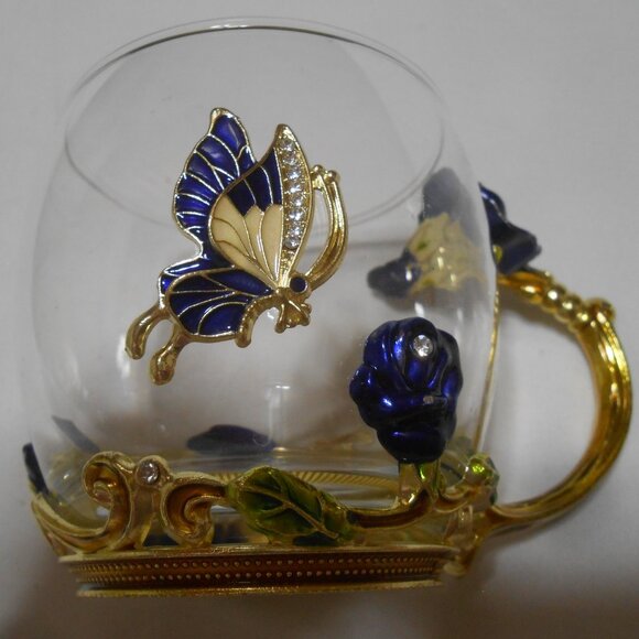 BEAUTIFUL GLASS ARC OF FRANCE DECORATIVE BUTTERFLY CUP MUG BLUE ROSE CLEAR STONE - Picture 1 of 9